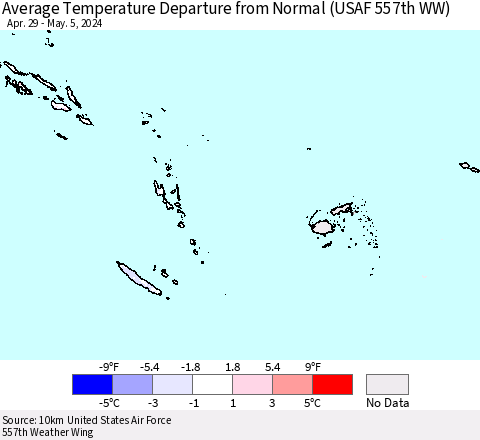 Fiji, Samoa, Solomon Isl. and Vanuatu Average Temperature Departure from Normal (USAF 557th WW) Thematic Map For 4/29/2024 - 5/5/2024