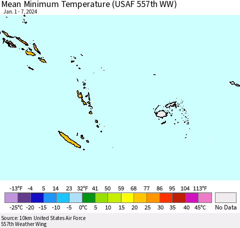 Fiji, Samoa, Solomon Isl. and Vanuatu Mean Minimum Temperature (USAF 557th WW) Thematic Map For 1/1/2024 - 1/7/2024