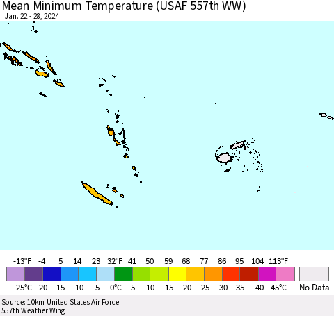 Fiji, Samoa, Solomon Isl. and Vanuatu Mean Minimum Temperature (USAF 557th WW) Thematic Map For 1/22/2024 - 1/28/2024