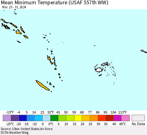 Fiji, Samoa, Solomon Isl. and Vanuatu Mean Minimum Temperature (USAF 557th WW) Thematic Map For 3/25/2024 - 3/31/2024