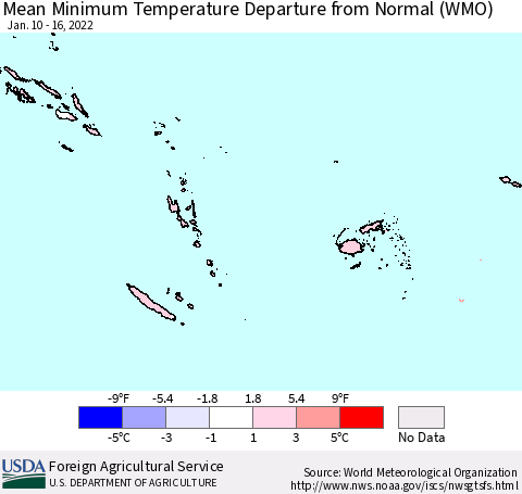 Fiji, Samoa, Solomon Isl. and Vanuatu Mean Minimum Temperature Departure from Normal (WMO) Thematic Map For 1/10/2022 - 1/16/2022
