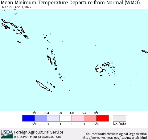 Fiji, Samoa, Solomon Isl. and Vanuatu Mean Minimum Temperature Departure from Normal (WMO) Thematic Map For 3/28/2022 - 4/3/2022