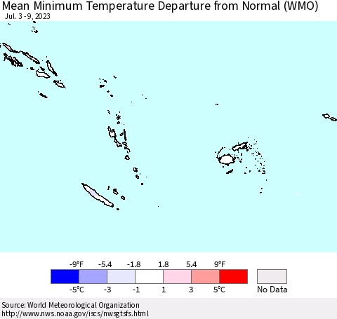 Fiji, Samoa, Solomon Isl. and Vanuatu Mean Minimum Temperature Departure from Normal (WMO) Thematic Map For 7/3/2023 - 7/9/2023