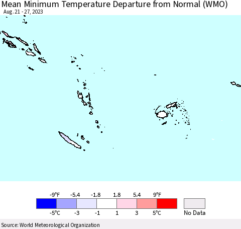 Fiji, Samoa, Solomon Isl. and Vanuatu Mean Minimum Temperature Departure from Normal (WMO) Thematic Map For 8/21/2023 - 8/27/2023