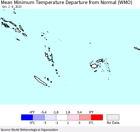 Fiji, Samoa, Solomon Isl. and Vanuatu Mean Minimum Temperature Departure from Normal (WMO) Thematic Map For 10/2/2023 - 10/8/2023