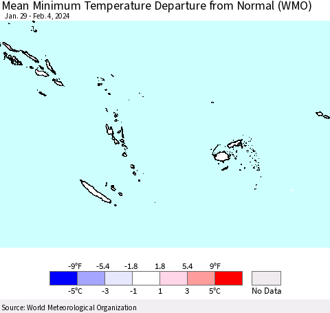Fiji, Samoa, Solomon Isl. and Vanuatu Mean Minimum Temperature Departure from Normal (WMO) Thematic Map For 1/29/2024 - 2/4/2024
