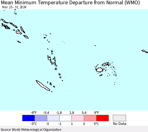 Fiji, Samoa, Solomon Isl. and Vanuatu Mean Minimum Temperature Departure from Normal (WMO) Thematic Map For 3/25/2024 - 3/31/2024