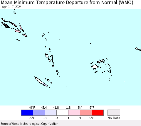 Fiji, Samoa, Solomon Isl. and Vanuatu Mean Minimum Temperature Departure from Normal (WMO) Thematic Map For 4/1/2024 - 4/7/2024