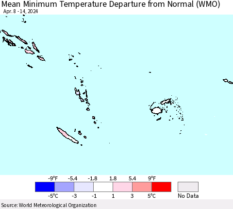 Fiji, Samoa, Solomon Isl. and Vanuatu Mean Minimum Temperature Departure from Normal (WMO) Thematic Map For 4/8/2024 - 4/14/2024