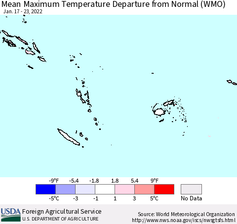 Fiji, Samoa, Solomon Isl. and Vanuatu Mean Maximum Temperature Departure from Normal (WMO) Thematic Map For 1/17/2022 - 1/23/2022