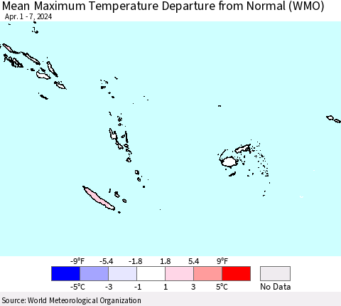 Fiji, Samoa, Solomon Isl. and Vanuatu Mean Maximum Temperature Departure from Normal (WMO) Thematic Map For 4/1/2024 - 4/7/2024