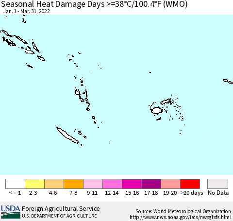 Fiji, Samoa, Solomon Isl. and Vanuatu Seasonal Heat Damage Days >=38°C/100°F (WMO) Thematic Map For 1/1/2022 - 3/31/2022