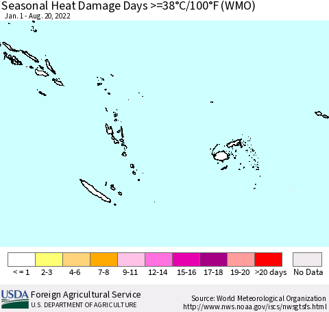 Fiji, Samoa, Solomon Isl. and Vanuatu Seasonal Heat Damage Days >=38°C/100°F (WMO) Thematic Map For 1/1/2022 - 8/20/2022
