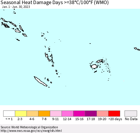 Fiji, Samoa, Solomon Isl. and Vanuatu Seasonal Heat Damage Days >=38°C/100°F (WMO) Thematic Map For 1/1/2023 - 6/30/2023