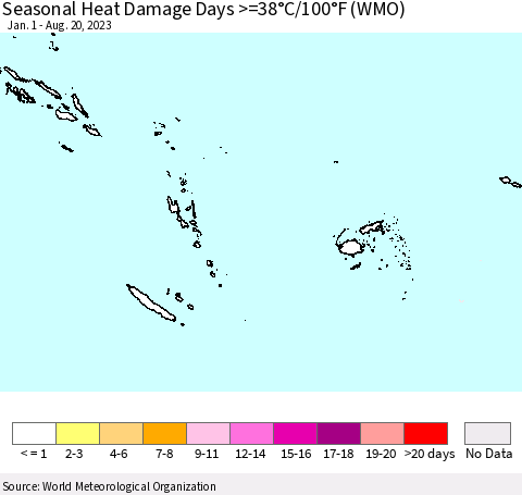 Fiji, Samoa, Solomon Isl. and Vanuatu Seasonal Heat Damage Days >=38°C/100°F (WMO) Thematic Map For 1/1/2023 - 8/20/2023