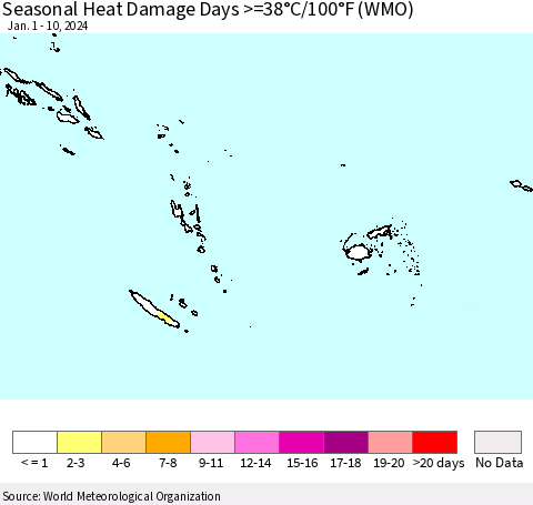 Fiji, Samoa, Solomon Isl. and Vanuatu Seasonal Heat Damage Days >=38°C/100°F (WMO) Thematic Map For 1/1/2024 - 1/10/2024