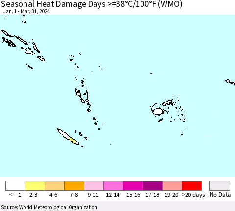Fiji, Samoa, Solomon Isl. and Vanuatu Seasonal Heat Damage Days >=38°C/100°F (WMO) Thematic Map For 1/1/2024 - 3/31/2024