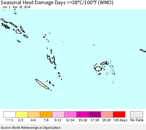 Fiji, Samoa, Solomon Isl. and Vanuatu Seasonal Heat Damage Days >=38°C/100°F (WMO) Thematic Map For 1/1/2024 - 4/20/2024