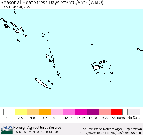 Fiji, Samoa, Solomon Isl. and Vanuatu Seasonal Heat Stress Days >=35°C/95°F (WMO) Thematic Map For 1/1/2022 - 3/31/2022