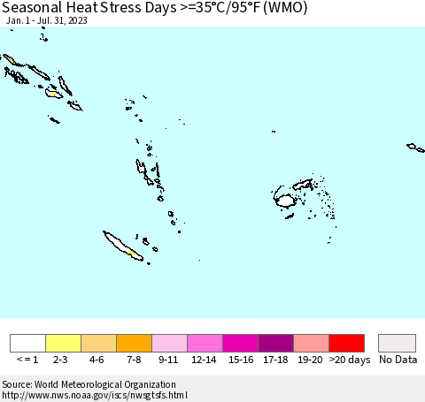 Fiji, Samoa, Solomon Isl. and Vanuatu Seasonal Heat Stress Days >=35°C/95°F (WMO) Thematic Map For 1/1/2023 - 7/31/2023