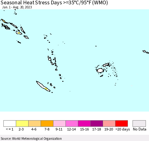 Fiji, Samoa, Solomon Isl. and Vanuatu Seasonal Heat Stress Days >=35°C/95°F (WMO) Thematic Map For 1/1/2023 - 8/20/2023