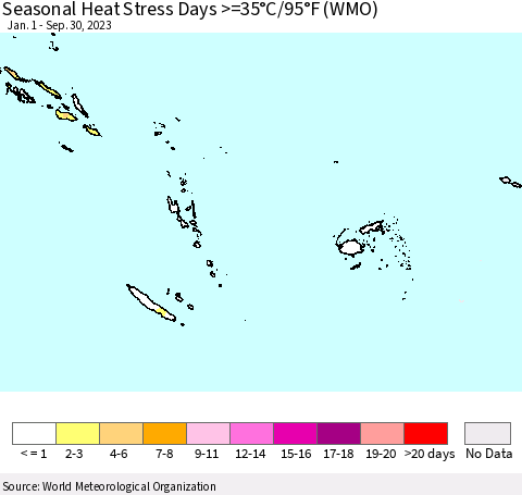 Fiji, Samoa, Solomon Isl. and Vanuatu Seasonal Heat Stress Days >=35°C/95°F (WMO) Thematic Map For 1/1/2023 - 9/30/2023