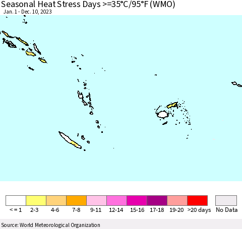 Fiji, Samoa, Solomon Isl. and Vanuatu Seasonal Heat Stress Days >=35°C/95°F (WMO) Thematic Map For 1/1/2023 - 12/10/2023