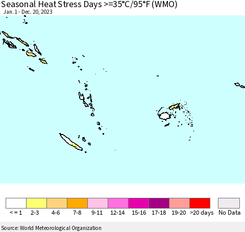 Fiji, Samoa, Solomon Isl. and Vanuatu Seasonal Heat Stress Days >=35°C/95°F (WMO) Thematic Map For 1/1/2023 - 12/20/2023