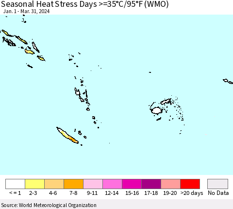 Fiji, Samoa, Solomon Isl. and Vanuatu Seasonal Heat Stress Days >=35°C/95°F (WMO) Thematic Map For 1/1/2024 - 3/31/2024