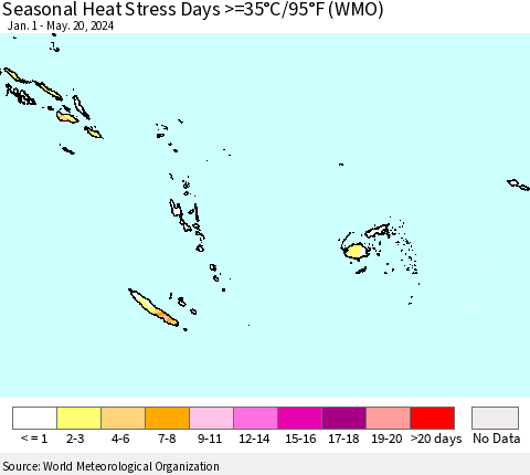 Fiji, Samoa, Solomon Isl. and Vanuatu Seasonal Heat Stress Days >=35°C/95°F (WMO) Thematic Map For 1/1/2024 - 5/20/2024
