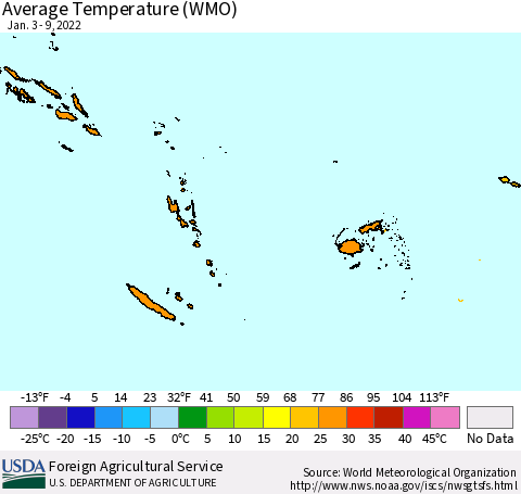 Fiji, Samoa, Solomon Isl. and Vanuatu Average Temperature (WMO) Thematic Map For 1/3/2022 - 1/9/2022