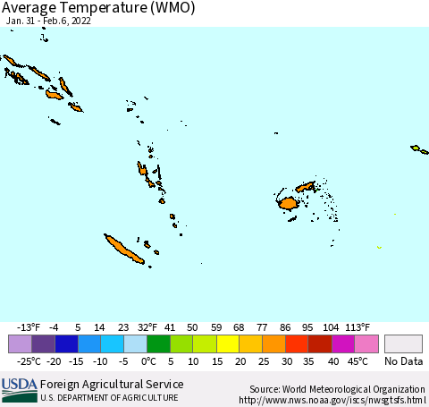 Fiji, Samoa, Solomon Isl. and Vanuatu Average Temperature (WMO) Thematic Map For 1/31/2022 - 2/6/2022