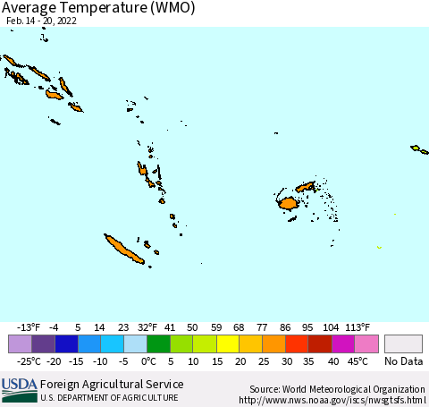 Fiji, Samoa, Solomon Isl. and Vanuatu Average Temperature (WMO) Thematic Map For 2/14/2022 - 2/20/2022