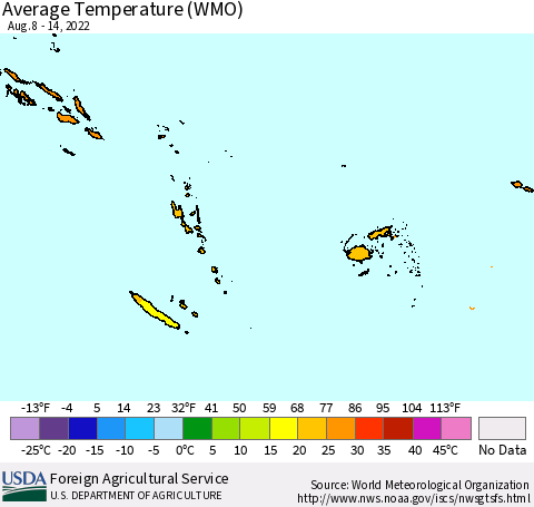 Fiji, Samoa, Solomon Isl. and Vanuatu Average Temperature (WMO) Thematic Map For 8/8/2022 - 8/14/2022
