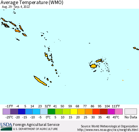 Fiji, Samoa, Solomon Isl. and Vanuatu Average Temperature (WMO) Thematic Map For 8/29/2022 - 9/4/2022