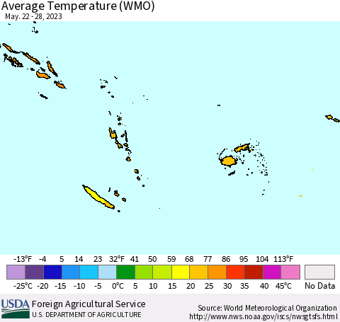 Fiji, Samoa, Solomon Isl. and Vanuatu Average Temperature (WMO) Thematic Map For 5/22/2023 - 5/28/2023