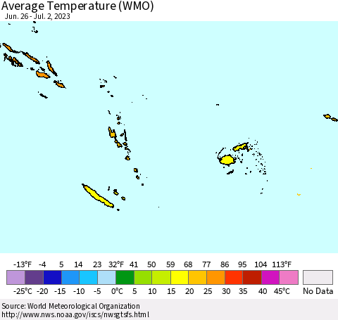 Fiji, Samoa, Solomon Isl. and Vanuatu Average Temperature (WMO) Thematic Map For 6/26/2023 - 7/2/2023