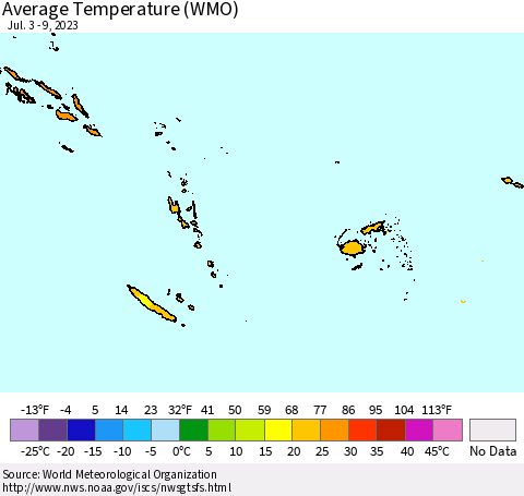 Fiji, Samoa, Solomon Isl. and Vanuatu Average Temperature (WMO) Thematic Map For 7/3/2023 - 7/9/2023