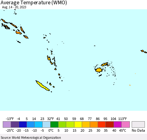 Fiji, Samoa, Solomon Isl. and Vanuatu Average Temperature (WMO) Thematic Map For 8/14/2023 - 8/20/2023