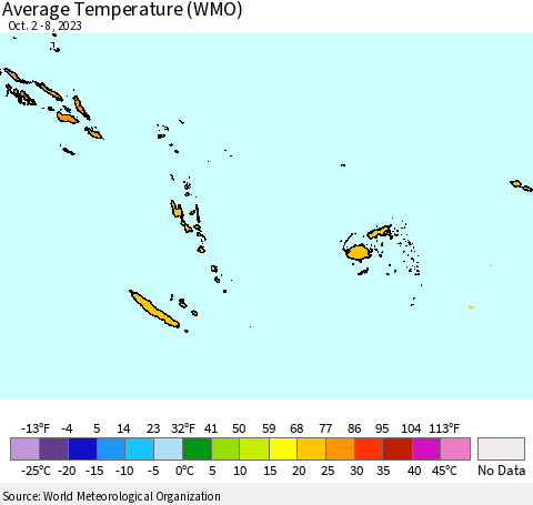 Fiji, Samoa, Solomon Isl. and Vanuatu Average Temperature (WMO) Thematic Map For 10/2/2023 - 10/8/2023