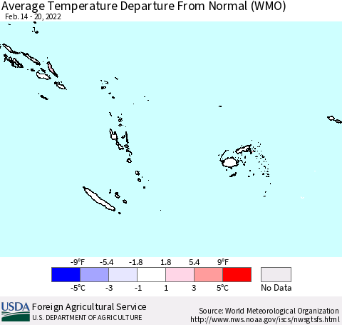 Fiji, Samoa, Solomon Isl. and Vanuatu Average Temperature Departure from Normal (WMO) Thematic Map For 2/14/2022 - 2/20/2022