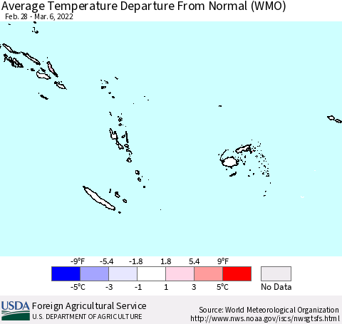 Fiji, Samoa, Solomon Isl. and Vanuatu Average Temperature Departure from Normal (WMO) Thematic Map For 2/28/2022 - 3/6/2022