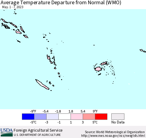Fiji, Samoa, Solomon Isl. and Vanuatu Average Temperature Departure from Normal (WMO) Thematic Map For 5/1/2023 - 5/7/2023