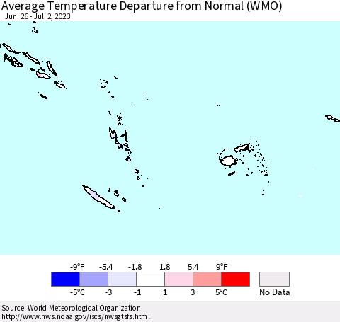 Fiji, Samoa, Solomon Isl. and Vanuatu Average Temperature Departure from Normal (WMO) Thematic Map For 6/26/2023 - 7/2/2023