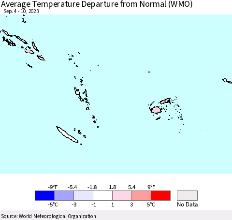 Fiji, Samoa, Solomon Isl. and Vanuatu Average Temperature Departure from Normal (WMO) Thematic Map For 9/4/2023 - 9/10/2023