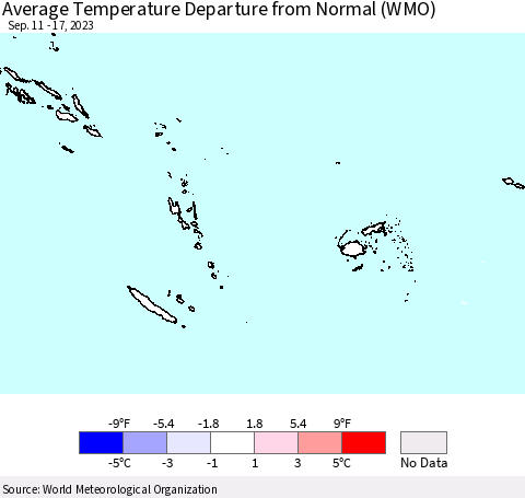 Fiji, Samoa, Solomon Isl. and Vanuatu Average Temperature Departure from Normal (WMO) Thematic Map For 9/11/2023 - 9/17/2023
