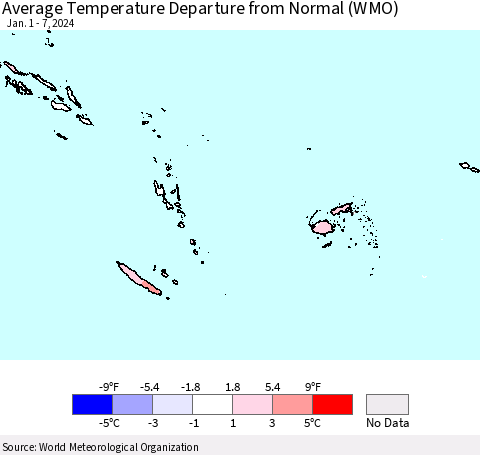 Fiji, Samoa, Solomon Isl. and Vanuatu Average Temperature Departure from Normal (WMO) Thematic Map For 1/1/2024 - 1/7/2024