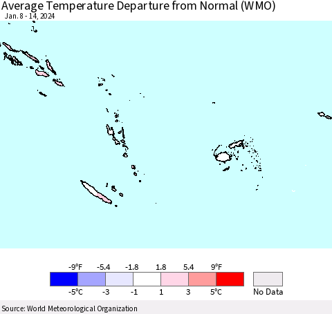 Fiji, Samoa, Solomon Isl. and Vanuatu Average Temperature Departure from Normal (WMO) Thematic Map For 1/8/2024 - 1/14/2024