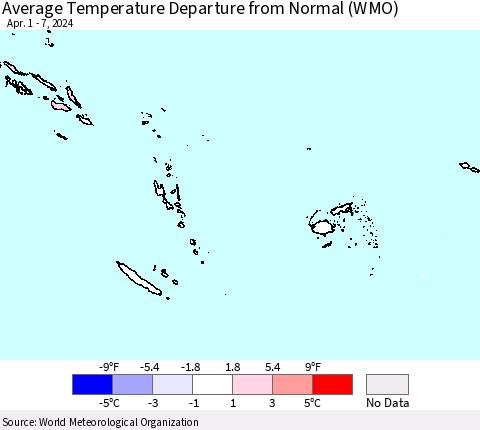 Fiji, Samoa, Solomon Isl. and Vanuatu Average Temperature Departure from Normal (WMO) Thematic Map For 4/1/2024 - 4/7/2024