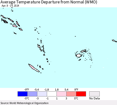 Fiji, Samoa, Solomon Isl. and Vanuatu Average Temperature Departure from Normal (WMO) Thematic Map For 4/8/2024 - 4/14/2024